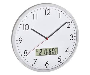 TFA Dostmann, 60.3048.02 - Orologio analogico da parete con termometro digitale e igrometro per il controllo del clima della stanza, vetro trasparente, Ø 302 (bianco con batterie)