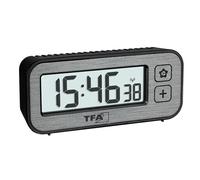 TFA Dostmann Mini Sveglia digitale con temperatura e umidità, 60.2522.10, con valori massimi e minimi, con sveglia e orologio radiocontrollato, sveglia da viaggio, piccola, non ticchettio, grigio