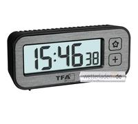 TFA Dostmann Mini sveglia digitale con temperatura e umidità Switch, 60.2039.10, con valori massimi e minimi, con sveglia e orologio al quarzo, sveglia da viaggio, piccola, non ticchettio, grigio con