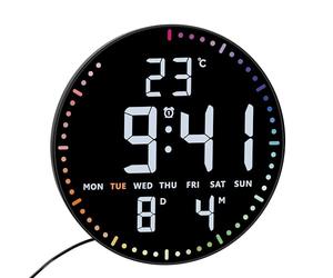 TFA Dostmann Orologio da parete digitale a LED, diametro 25,5 cm, 60.4002, con temperatura interna, data, giorno della settimana, formato 12/24 ore, 3 livelli di luminosità, colorato, nero