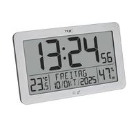 TFA Dostmann Orologio da parete moderno, radiocontrollato digitale, clima ambiente, 60.2568.54, grande, indicazione del giorno, della settimana, della data, funzione sveglia, à batteria, argento
