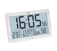 TFA Dostmann Orologio da parete moderno, radiocontrollato digitale, temperatura ambiente, umidità, 60.2568.02, grande, indicazione del giorno, della settimana, della data, funzione sveglia, bianco