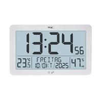 TFA Dostmann Orologio da parete moderno, radiocontrollato digitale, temperatura ambiente, umidità, 60.2568.02, grande, indicazione del giorno, della settimana, della data, funzione sveglia, bianco