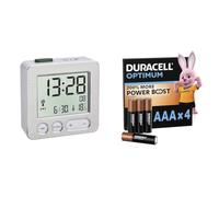 TFA Dostmann Sveglia da comodino digitale, 60.2545.54 radiocontrollata, con temperatura, allarme, funzione snooze, plastica, bianco/argento + Duracell Optimum confezione da 4 AAA
