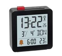 TFA Dostmann Sveglia da comodino digitale, 60.2566.01, sveglia da viaggio, a batteria, con fusi orari, termometro interno incluso, da appoggio, con data e giorno della settimana, illuminata, nero