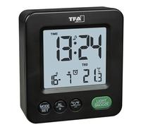 TFA Dostmann Sveglia digitale da comodino, Mini, 60.2567.01, a batteria, radiocontrollato, temperatura interna, impostazione fuso orario, durata snooze personalizzabile, giorno della settimana, nera