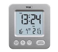 TFA Dostmann Sveglia digitale wireless Mini, 60.2567.54, alimentata a batteria, temperatura interna, impostazione fuso orario, durata snooze personalizzabile, giorno della settimana, argento