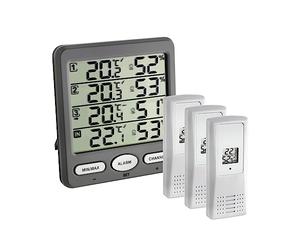 TFA Dostmann Termo-igrometro digitale radiocontrollato Klima-Monitor, 30.3054.10, con 3 sensori esterno, temperatura e umidità, clima ambientale, valori di allarme, grigio
