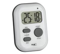 TFA Dostmann Timer digitale con cronometro, 38.2053.02, suono di allarme (rumoroso/vibrazione/lampeggiante), timer da cucina, timer per uova, adatto per sport o esami o sordi, on/off, bianca