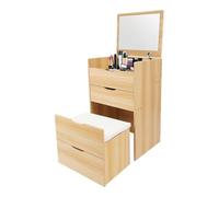 TFIANYNI Tavolo cosmetico, 40 x 48 x 80 cm, con specchio e sgabello, da toeletta, sottile, con 3 cassetti, portata 100 kg, manico a scomparsa, regalo (colore legno)