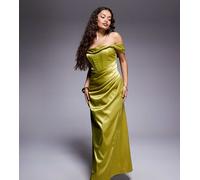 TFNC Petite - Vestito lungo a corsetto in raso verde oliva con spalle scese 42