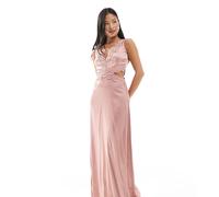 TFNC Petite - Vestito lungo da damigella in raso color rosa polvere con dettagli in pizzo smerlato 46