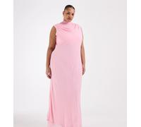 TFNC Plus - Vestito lungo da cerimonia accollato in chiffon rosa con foulard 50