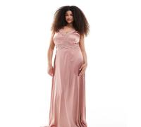 TFNC Plus - Vestito lungo da damigella in raso rosa crepuscolare con dettagli in pizzo smerlato 52