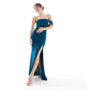 TFNC - Vestito lungo asimmetrico per damigelle d'onore color ottanio con scollo alla Bardot-Blu 42
