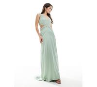 TFNC - Vestito lungo da damigella in raso verde salvia con dettagli in pizzo smerlato 40