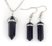 TFOOD Collana con Pietra Naturale, Squisita Collana Orecchino Set Forma di Proiettile Collana Pendente di Cristallo Onice Nero Reiki Chakra Fascino Jewerly per Le Donne Moglie Ragazze Amici Regalo