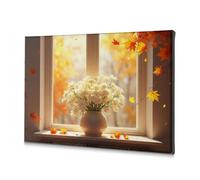 TFSW Decorazione da parete per la casa con foglie autunnali e fiori bianchi sul davanzale della finestra, stampa decorativa su tela, decorazione per sala da pranzo, decorazione per la casa (30 x 40 cm