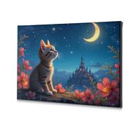 TFSW Decorazione da parete per la casa, motivo: gatto che sogna sotto il cielo illuminato dalla luna, su tela, decorazione per il bagno Decoraciones Para Cuartos (30 x 40 cm)