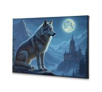 TFSW Decorazione da parete per la casa, motivo: lupo guardiano sulle montagne al chiaro di luna, su tela, decorazione artistica da parete per bagno, kit da appendere (40 x 60 cm)