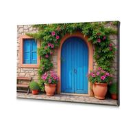TFSW Decorazione per il bagno con porta blu con fiori rosa, tela decorativa per sala da pranzo, soggiorno (30 x 40 cm)