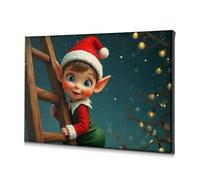 TFSW Decorazione primaverile con elfo di Natale che sale scala nella notte magica tela immagine decorativa decorazione per bagno decorazione da parete per battesimo (30 x 40 cm)