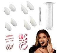TFSZE 4 Paia Zanne Dei Denti Del Vampiro,Kit Di 4 Misure,Con 1 Tubo Denti Pellet Adesivo e 2 Fogli Tatuaggi Halloween,Per Cosplay Party Puntelli Di Halloween Zanne Della Festa,13/ 15/ 17/19 Mm-Bianco