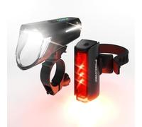 Fischer Set di luci a LED per bicicletta Twin Stop 110 Lux, con modalità sensore, regolazione della distanza luminosa, fino a 8 ore, colore nero, 1 pezzo