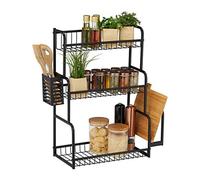 Relaxdays Scaffale Porta Spezie da Tavolo, Organizer per la Cucina su 3 Livelli, Supporto Tagliere & Portaposate, Nero, Ferro, 1 pz