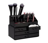 Relaxdays Organizer Make-up, Contenitore con Porta-Rossetti e 4 Cassetti, Acrilico, Beauty Box Salvaspazio, Nero