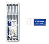 (TG. 4 pezzi) Staedtler 308 Wp4 Penna Fineliner, Nero & Mars Plastic 526 53 Gomm