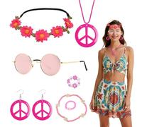 TGKEAIY 7 Pezzi Hippie Costume Set Retrò, Accessori Hippie Costume Bohemia Set Occhiali Orecchini Collana con Segno di Pace, Costume Carnevale Discoteca Adatto per Festa Anni '60 '70