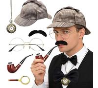 TGKYK Sherlock Holmes - Costume da detective, 7 pezzi, con cappello da detective, lente d'ingrandimento, occhiali in metallo, da uomo, per carnevale, cosplay, feste
