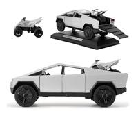 TGRCM-CZ 1/32 Tesla Cybertruck elettrico pick-up modello auto con una moto, lega di zinco pull back auto giocattolo con suono e luce per bambini ragazzi ragazze regalo (argento)