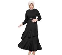 TGUVGRHH Abaya - Abito da preghiera da donna, in corda con bordi increspati, abiti islamici musulmani con cintura e maniche lunghe per preghiere, Nero , S