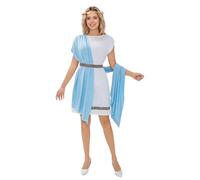 TGUVGRHH Costume da dea greca con corona di alloro, mantello da dio greco antico, mantello intero, costume per giochi di ruolo grande, Halloween, feste a tema (blu e bianco, S)