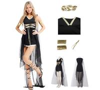 TGUVGRHH Costume da dea greca da donna con corona di alloro, costume greco antico, abito da dea con corda in vita e mantella in pizzo, abito gotico nero per Halloween, carnevale, costume per LARP