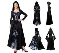TGUVGRHH Costume da strega da donna con cappuccio, abito da strega medievale, con cappello da strega, vestito da strega con motivo scheletro, per giochi di ruolo GRANDI, Halloween, carnevale, ballo di