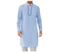 TGUVGRHH Kurta indiano da uomo, a maniche lunghe, pigiama Kurta con ricamo, corto marocchino Thobe Jubba da uomo per uso quotidiano festa di Halloween, Azzurro, L