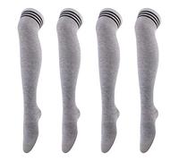 Thajaling 2 pezzi delle donne sopra i calzini della coscia del ginocchio, calza lunga del collant delle strisce triple, calzino di allungamento molle per usura quotidiana, cosplay (Grigio chiaro)