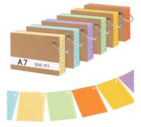 Thboxes 600 Pezzi Flashcards, 150g/m² Schede Indice A7 a Righe Flash Card con Copertina Kraft e Anello, Carte Indice in 6 Colori per Apprendimento del Vocabolario Scuola Ufficio Casa (10,5 x 7,4cm)