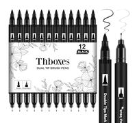 Thboxes Confezione da 12 pennarelli neri a doppia punta, lavabili, a base d'acqua, per adulti e bambini, per disegni artistici, schizzi, diari, calligrafia
