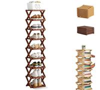 The 9-Tier No-Assembly Bamboo Rack, Foldable Vertical Shoe Organizer for Small Spaces, No-Tool Assembly, Foldable Storage Shelf for Shoes, Books & Home Storage, Sturdy & Stable (Brown,7 Tier)