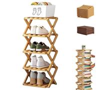 The 9-Tier No-Assembly Bamboo Rack, Foldable Vertical Shoe Organizer for Small Spaces, No-Tool Assembly, Foldable Storage Shelf for Shoes, Books & Home Storage, Sturdy & Stable (Natural wood,5 Tier)