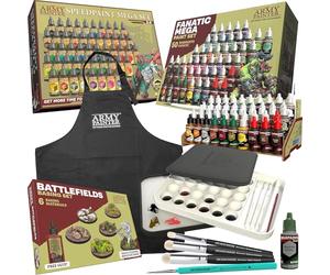 The Army Painter, Ultimate Starter Bundle con Warpaints Fanatic & Speedpaint 2.0 Mega Set, Wet Palette XL, Basing Battlefield, Drybrush Masterclass, Grembiule Nero, 2 Pennelli, Primer a Pennello.