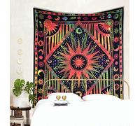 THE ART BOX Hippie Mandala Sole Luna Bruciare Sole Psychedelic Grande Arazzo Giallo Multicolore - 210X230 cm Indiano Cotone Celeste Bohemian Parete Pianeta Trippy Arazzi