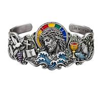 The Artisan - Bracciale rigido regolabile realizzato a mano, con simboli sacri, Gesù e croce, braccialetto religioso con simboli sacri per amici e familiari