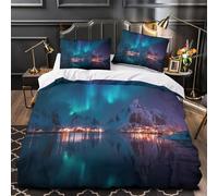 The Aurora boreale over The Snowy Mountains of Norway Stampata Copripiumino 3D - Set Di Biancheria Da Letto Per Con E Federa ,microfibra Set 3 Pieces Per Adulti, Adolescenti Super King(260x220cm)