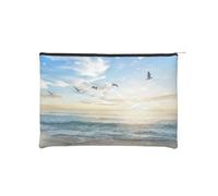 The Beach with Sea Birds Makeup Pouch Toiletries Bag Portable Unisex Zipper Travel Cosmetic Bags Impermeabile Borse Cosmetici di Carta Riutilizzabile Sacchetto Cosmetico 16,5 Cm X 22,5 Cm, Nero ,
