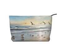 The Beach with Sea Birds - Trousse da viaggio in velluto a coste, organizer da viaggio, borsa per cosmetici, grande tasca aperta, nera, taglia unica, Nero, One Size